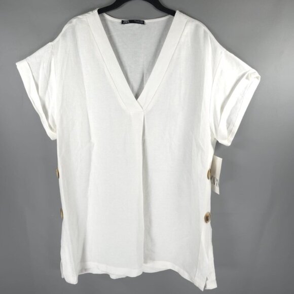 NWT ZARA LINEN Blend V neck Top Tunic Side Button Details 3564/091